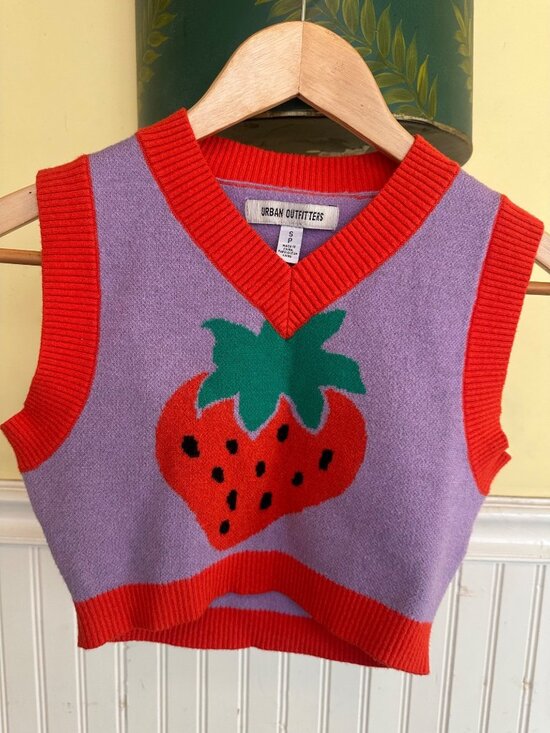 Urban Outfitters Sweaters - Urban Outfitters Strawberry Print Knit Vest Crop Top Purple & Red S